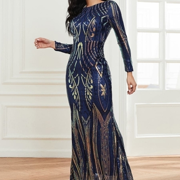 Navy Contrast Sequined Maxi Gown for Special Events - Picture 10 of 16